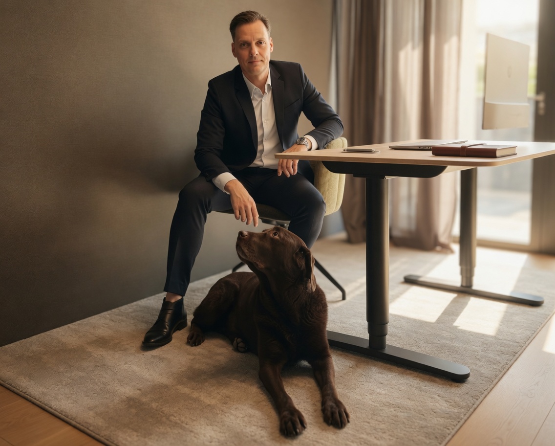 Martin Moser im Arbeitszimmer in Arlesheim, sein Hund liegt vor ihm auf dem Teppich.